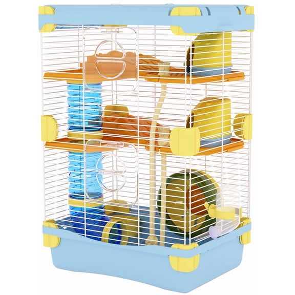 Qunbio 2-Level Hamster Cage, Gerbil House Habitat Kit, Hamster Cottage with Tubes Feeding Bottle Running Wheel