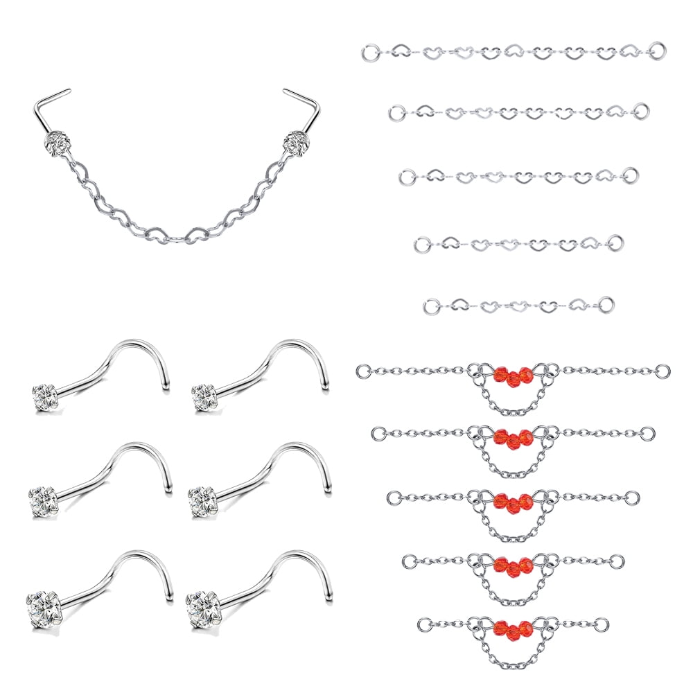 Zs 16Pcs/Set Red Beads Nose Chain Piercing Across Nose Stud Claw Cubic