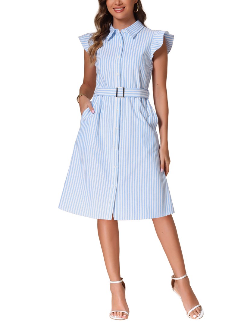 Inspire Chic Women's Collared Neck Flutter Sleeve Casual Summer Striped Shirt Dresses with Belt L Blue Inspire Chic Women's Collared Neck Flutter Sleeve Casual Summer Striped Shirt Dresses with Belt L Blue