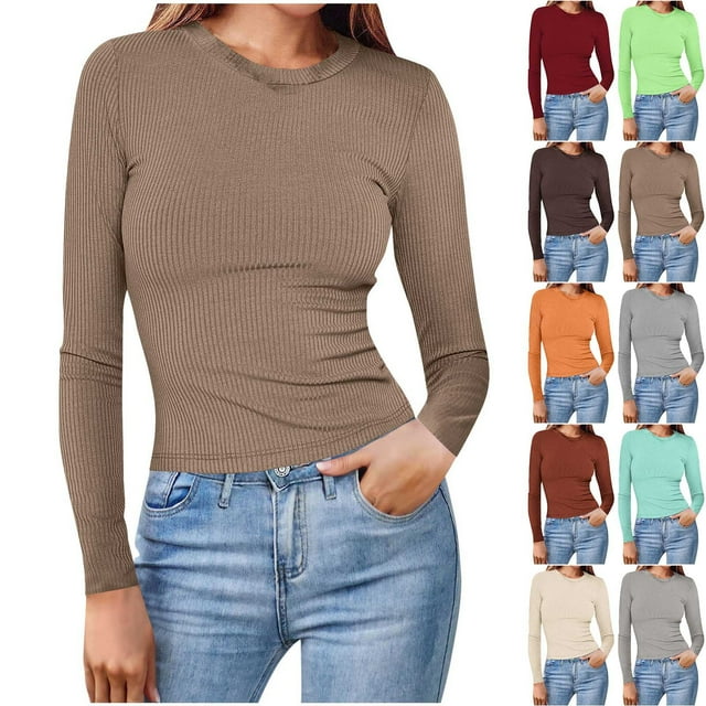 Womens Long Sleeve Shirts Fitted Tops Round Neck Slim T Shirts Going Out Tops Basic Tees Gray