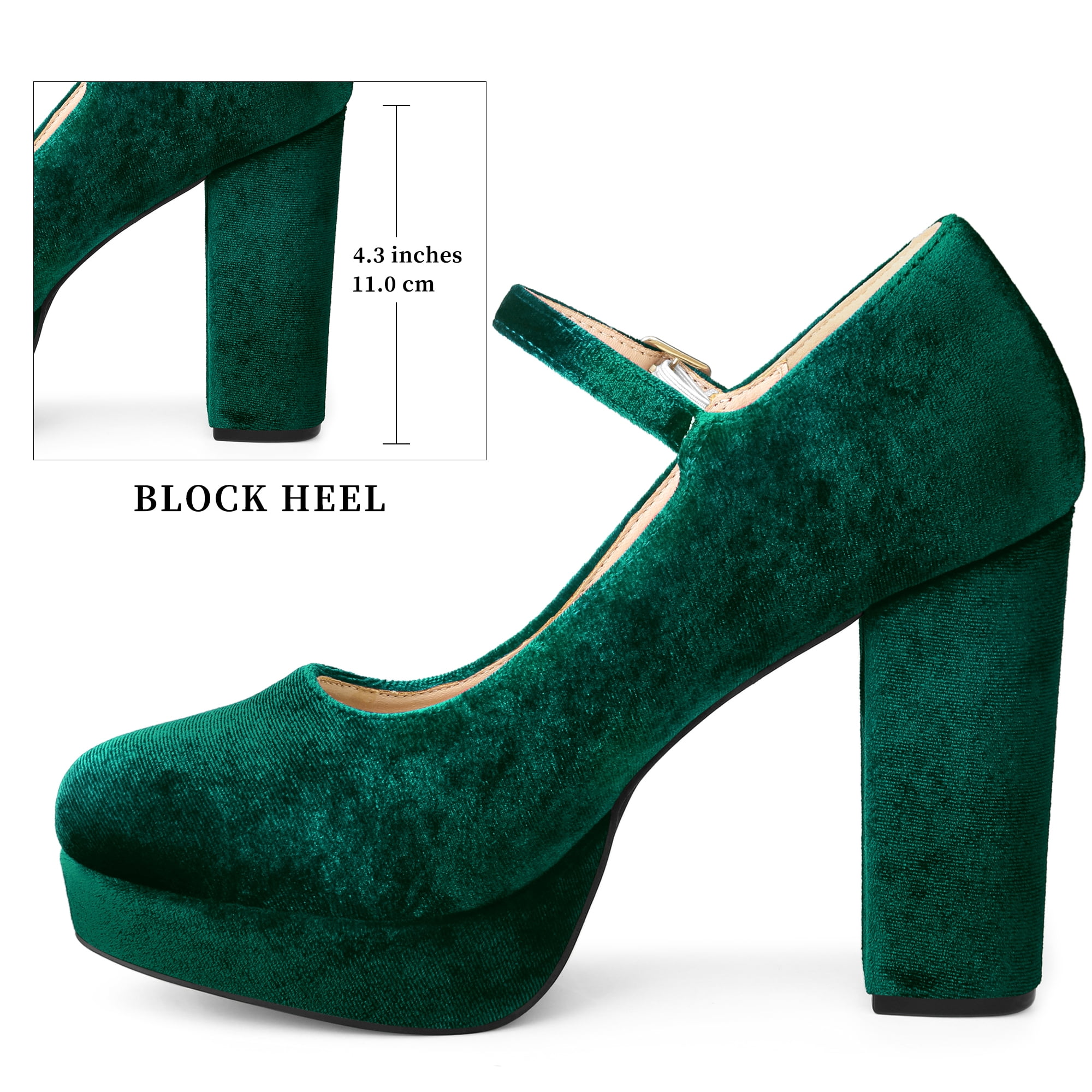 DARING DIVA Women's Velvet Ankle Strap Platform Block Heels Mary Jane Pumps Green 9