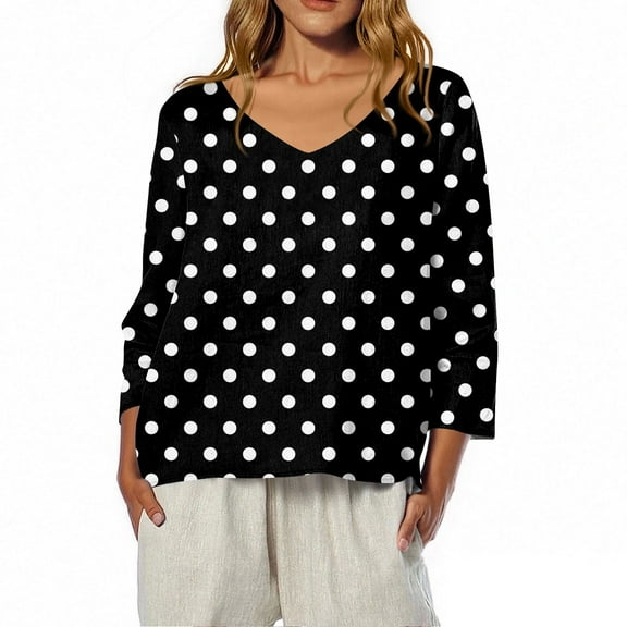 Womens Tops Casual 3/4 Sleeve V Neck Black Tshirts Shirts for Women Polka Dot Print Linen T Shirts Dressy Casual Blouse Trendy Tops Quarter Sleeve Blouses