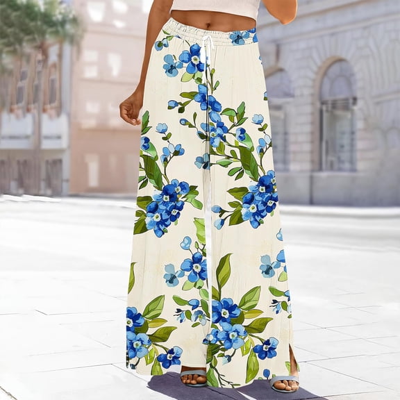 Xuyuer Women's Casual Random Print Loose Wide Leg Drawstring Elastic Waist Pocket Pants - Casual Lounge Trousers, Women's Pants