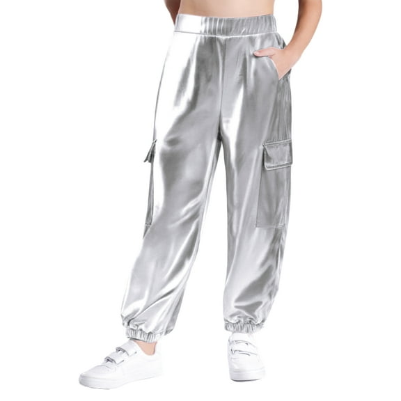 CHICTRY Shiny Holographic Cargo Pants Girls Boys Jazz Hip-Hop Street Dance Wear Trousers with Pockets Silver 6