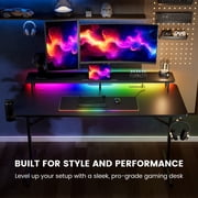 GTRACING Lumina Elite LED Gaming Desk with USB and Power Outlets, for Home and Office, Monitor Stand and Wireless Charging, Black
