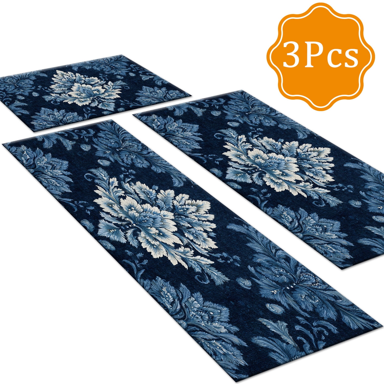 3-Piece Farmhouse Kitchen Rug Set, Washable Anti Slip Striped Floor Mats in 3 Sizes, Stain Resistant Decor Rugs for Kitchen Hallway Bathroom Home Christmas Decor