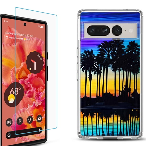 Shockproof Bumper Phone Case for Google Pixel 7, with Tempered Glass Screen Protector, by OneToughShield ® - Palmtree