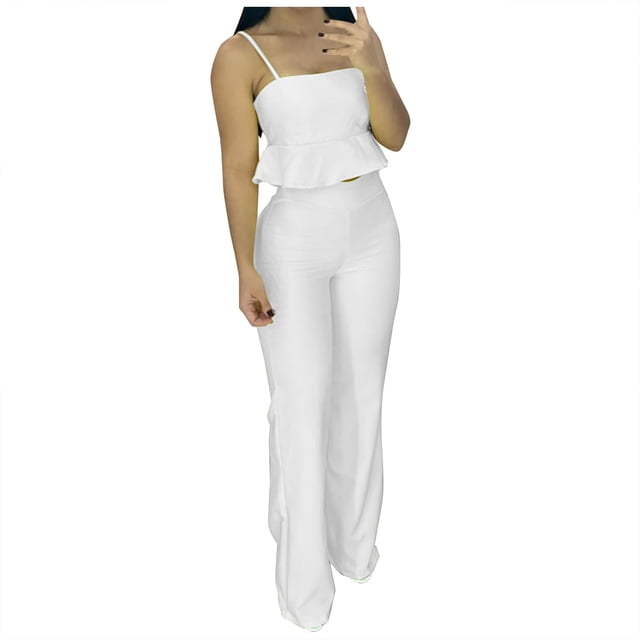 Ensemble en Lin pour Femmes Ensembles Assortis Ensemble de Vêtements d'Été Femme Col Rond Sans Manches Hauts Pantalons Ensembles Style Pantalon Décontracté S_381 Survêtements pour Femmes Blanc G