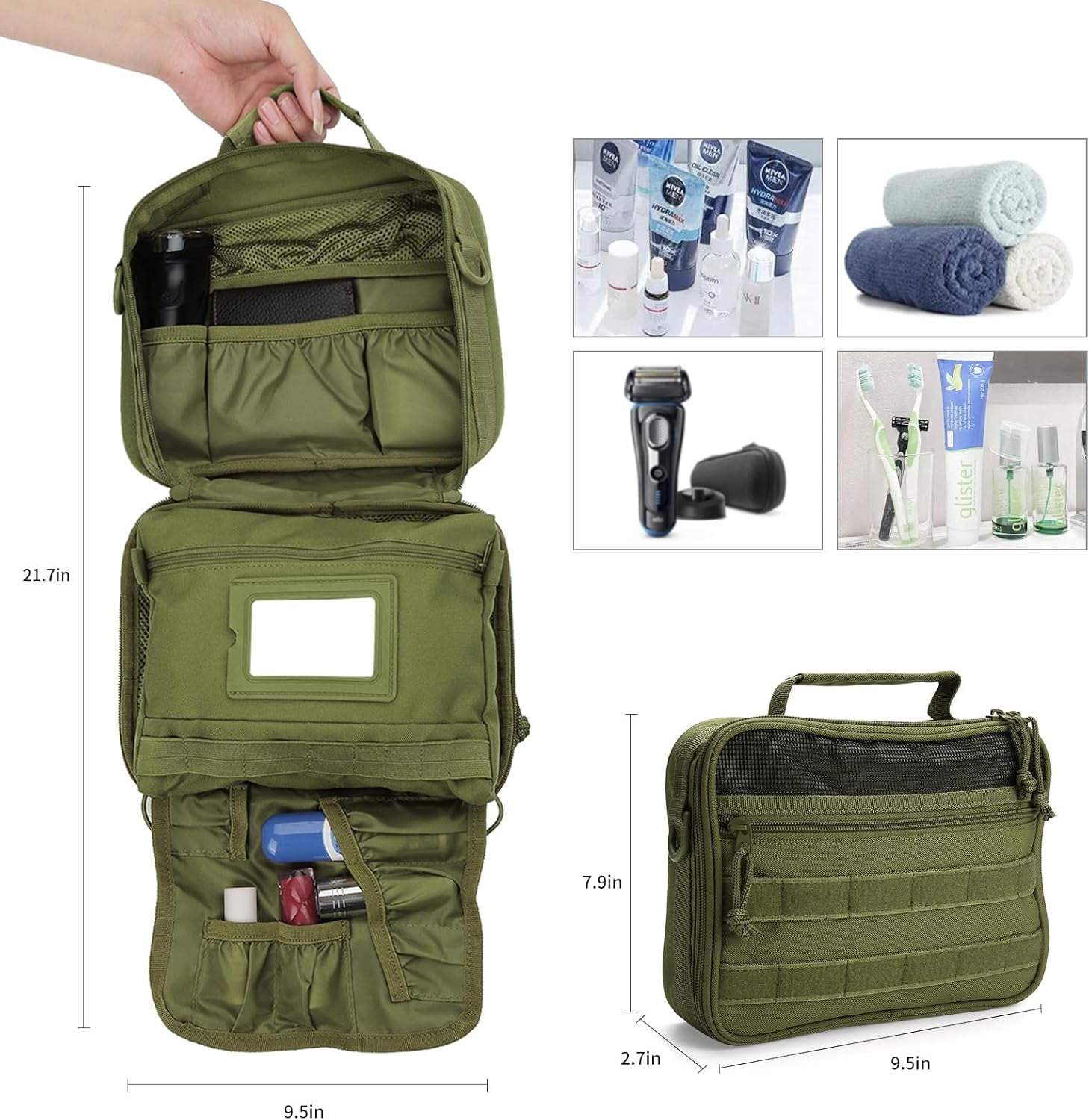 Travel Hanging Toiletry Bags,Tactical Toiletry Bag for Men,Bathroom Essentials Men's Toiletry Bag for Camping,Toiletries Organizer Dopp Kit, Travel Cosmetic Bag,Shaving Hygiene Bag-Green