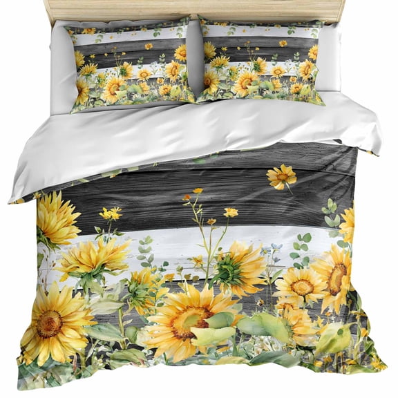 Sunflower Bedding 3 Piece Duvet Cover Set California King, Summer Eucalyptus Botanical Floral Grey Wood Microfiber Comforter Cover with Zipper Closure & Pillowcases, FadeResistant Quilt Cover