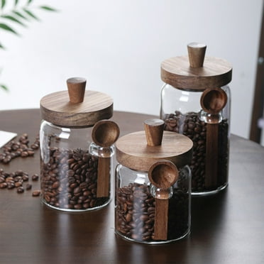 Glass Storage Jar with Wooden Lid and Spoon - Airtight Kitchen Canister for Coffee Beans, Tea, Spices - Clear Container with Brown Top - 3 Sizes Available (9.5/12/15cm Height) - Multipurpose Food