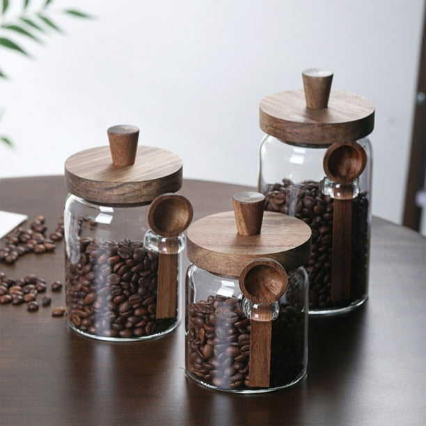 Fiudx Frasco de Vidrio Hermético con Tapa de Madera, Versátil, Organizador de Cocina, para Té, Café, Especias, Cereales, Snacks y Leche En Polvo, Transparente, 9,5 X 9,0 X 9,0 Cm.