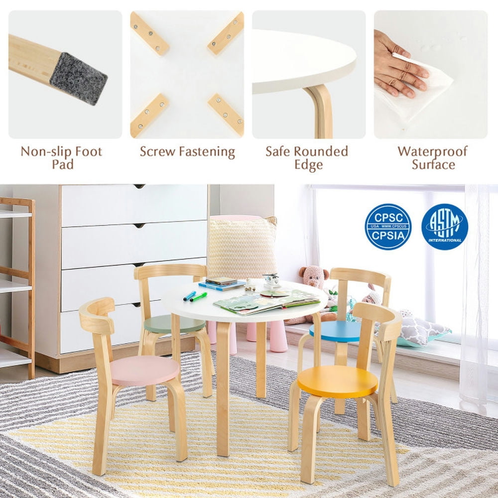 Spaco 5-Piece Kids Wooden Curved Back Activity Table and Chair Set withToy Bricks, Toddler Table and Chair Set for Arts & Crafts, Snack Time, Homeschooling, Homework