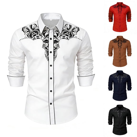 Retro Western Cowboy Shirts for Men Long Sleeve Button Down Shirt Embroidered Spring Summer Slim Fit Tops Black L