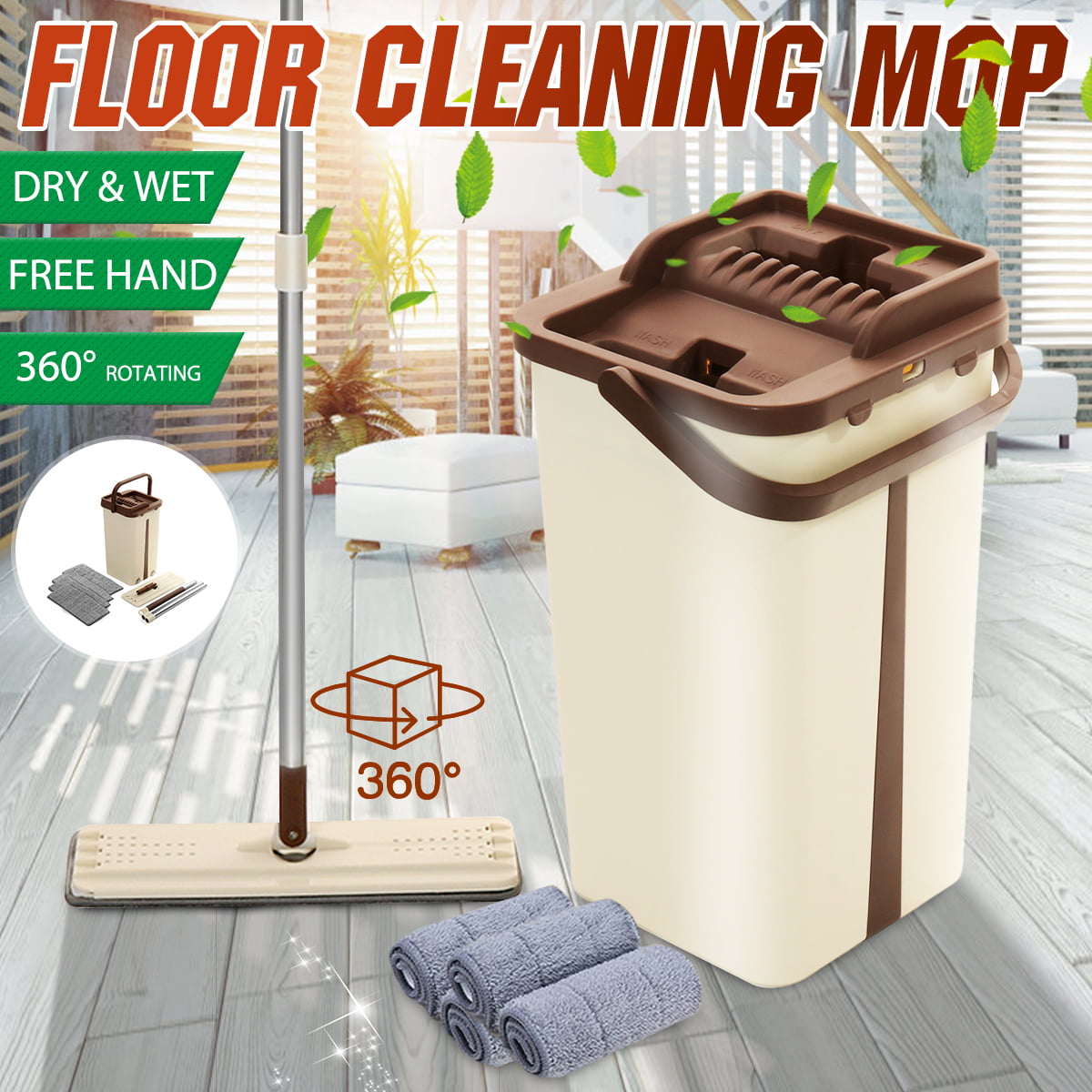 Wet & Dry Mop Automatic Squeeze Mop and Bucket Easy Self Cleaning 