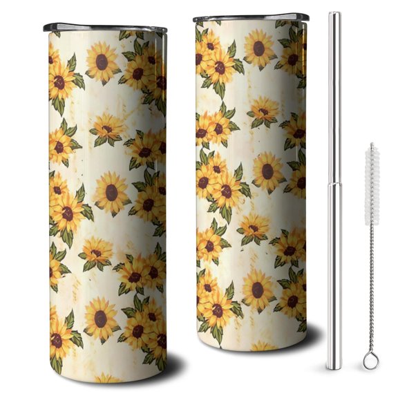 20oz Beige Sunflower Pattern Skinny Tumblers Stainless Steel Tumbler with Lid and Straw,Vacuum Insulated Double Wall Travel Tumbler Cups with Cleaning Brush for Coffee,Tea