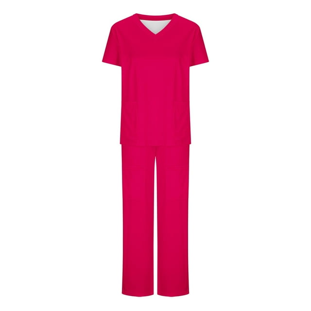 yoeyez Scrubs for Women Set,Ladies Stretch Short Sleeve Crew Neck Tops & Drawstring Jogger Pants Workwear With Pockets Watermelon Red