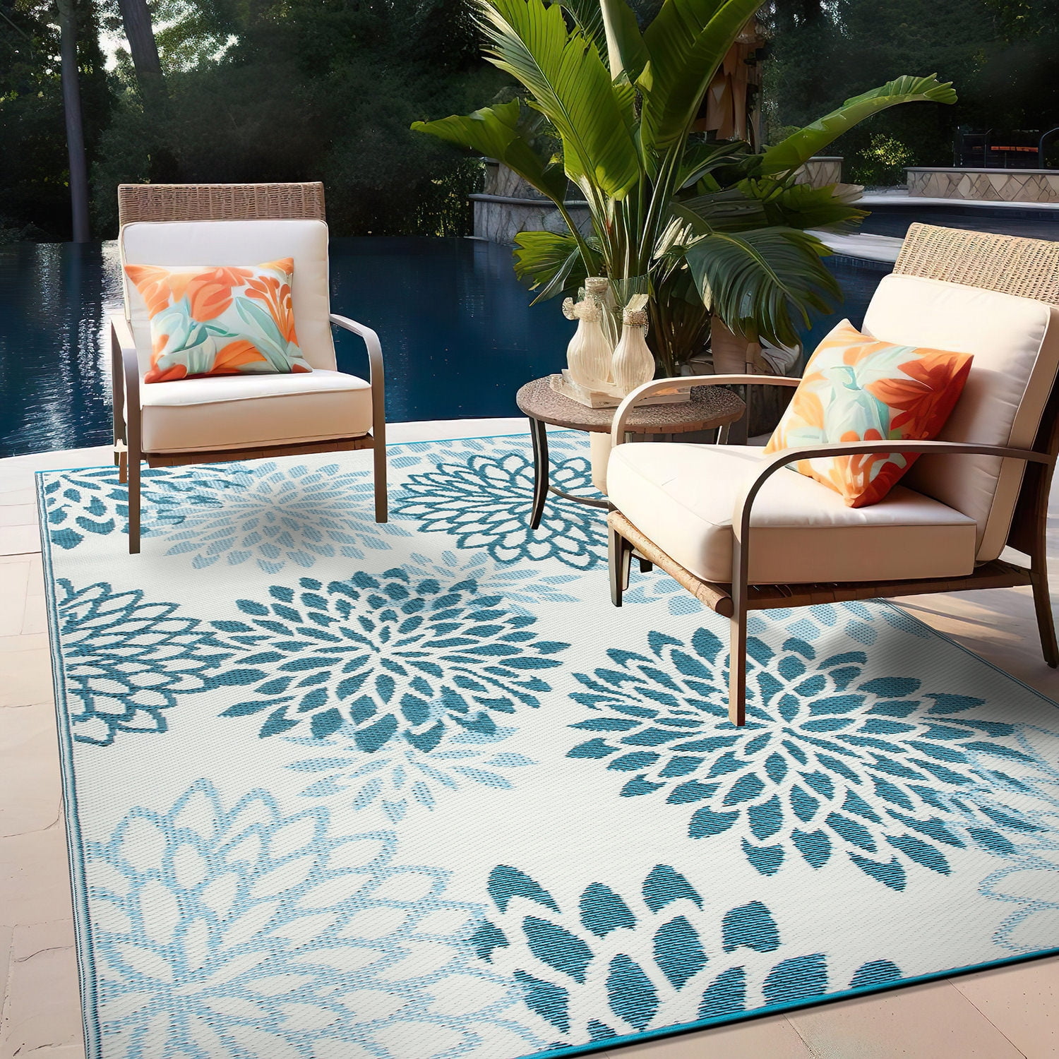 World Rug Gallery Modern Floral Aloha Reversible Recycled Plastic Outdoor Picnic Mat, Camping Rug, RV Rug - BLUE 5'x7'