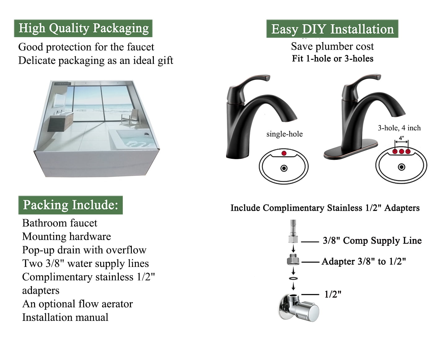 TimeArrow Bathroom Sink Faucet Oil Rubbed Bronze, Single Handle Bathroom Faucet for 1 Hole with 3 Holes Deck Plate, Lavatory Vanity Faucet, Pop Up Drain and Water Supply Lines Included, TAF206-ORB