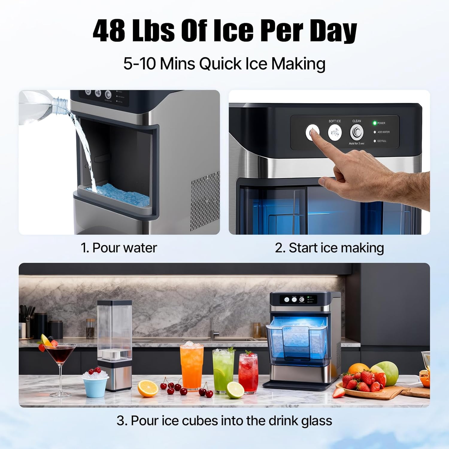 SHZOND Nugget Ice Maker Countertop with Self-Cleaning, 48lbs/24Hrs, 6-Min Quick Ice, Chewable & Crunchy Pellet Ice, 4.3L Dual-Tank for Home Kitchen Bar Countertop