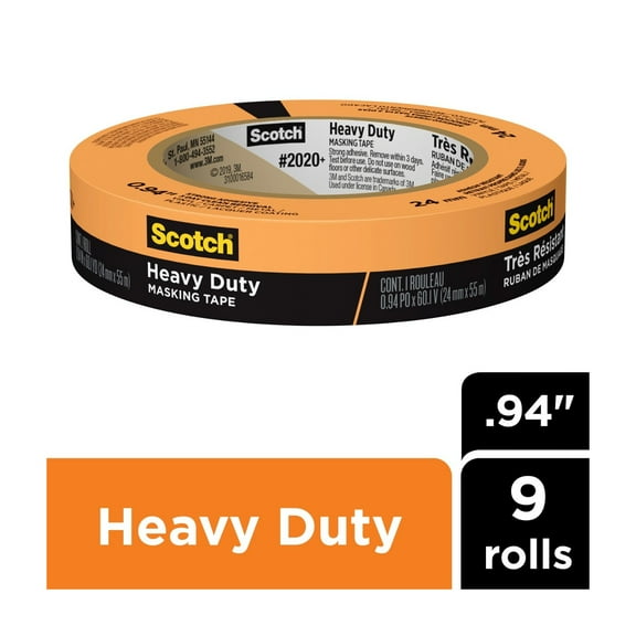 Scotch Heavy Duty Masking Tape, 0.94 in x 60.1 yd, Orange, 9 Rolls