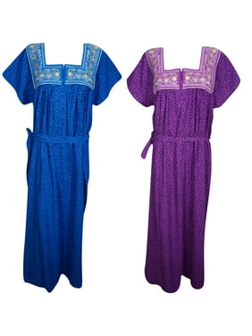 Mogul Lot Of 2 Womens Blue Purple Nightgown Neck Embroidered Tie Waist Cotton Summer Kaftan Maxi Dress XXL