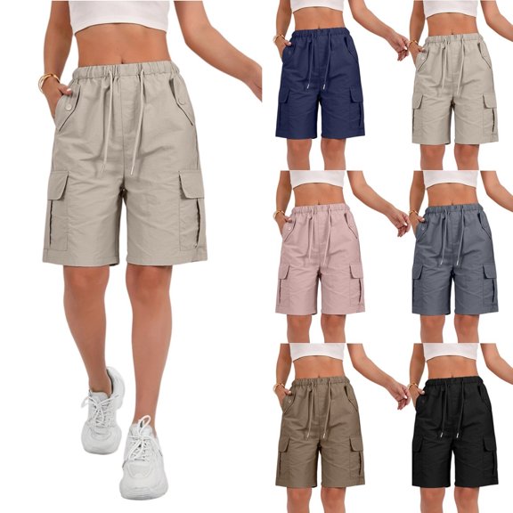 Cargo Shorts Women,Summer High Waisted Bermuda Shorts Casual Trendy Hiking Outfits Knee Length Pant with Pockets 2026 Khaki XXL