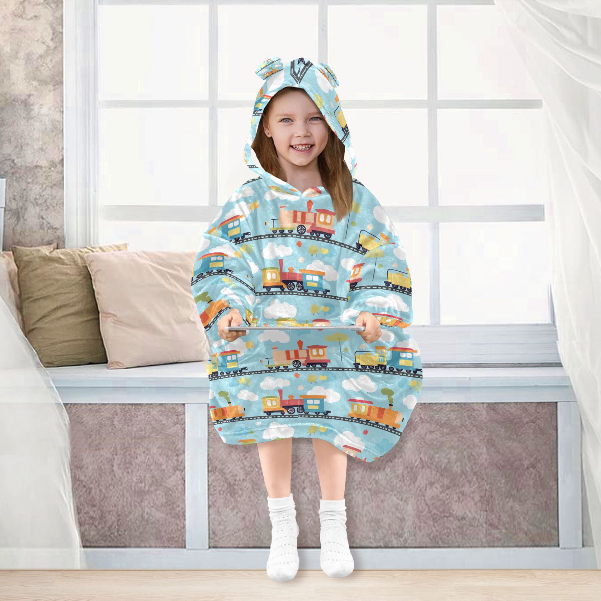 FORMRS Wearable Blanket Hoodie with Sleeves for Kids Cozy Flannel Sweatshirt, Cartoon Train Pattern