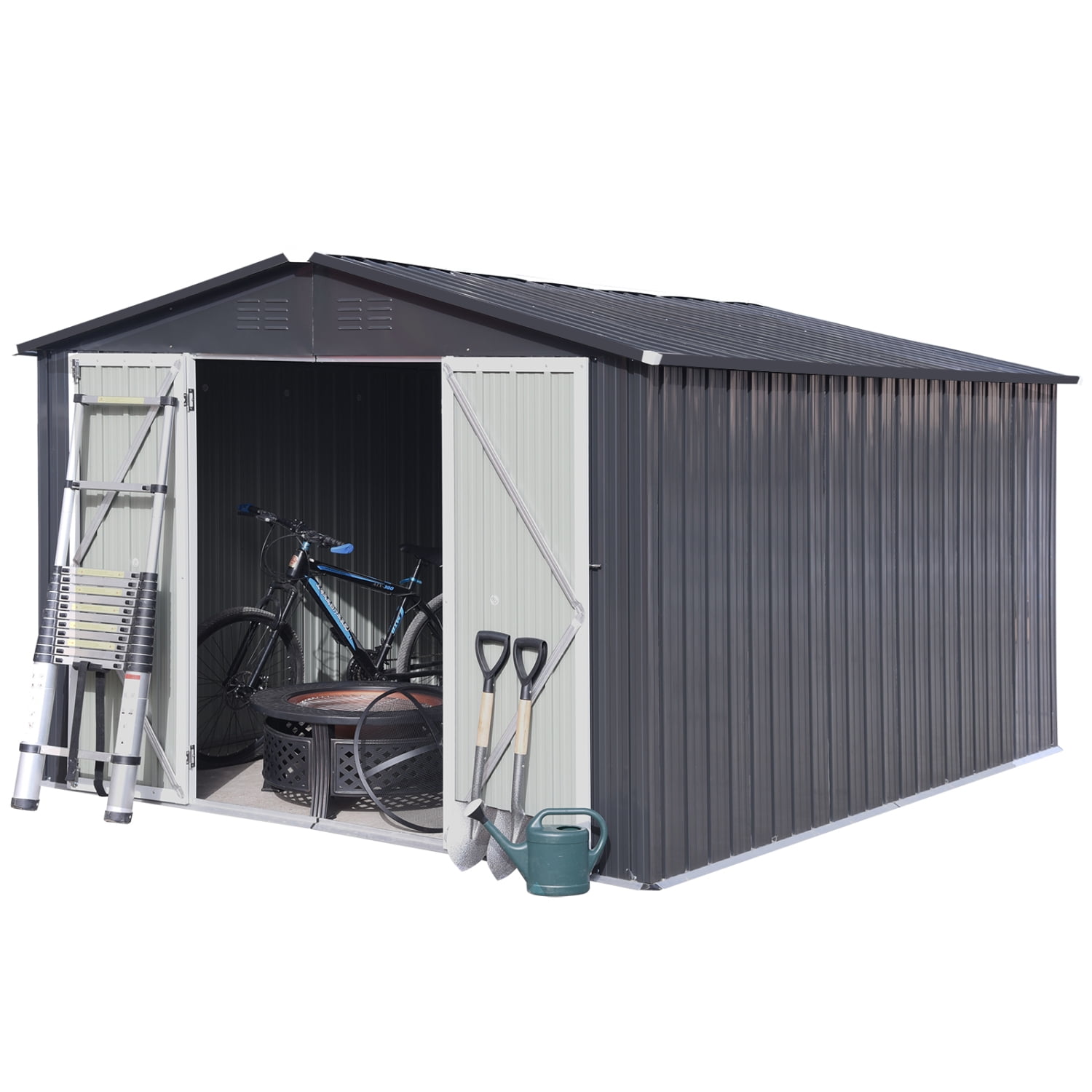 LoLado 10x8 FT Outdoor Metal Storage Sheds, Garden Sheds Waterproof with Lockable Doors, for Backyard, Lawn, Dark-grey