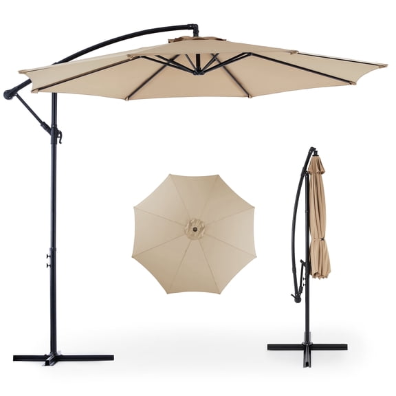 edx 10FT Offset Hanging Patio Umbrella Outdoor with Push Button Tilt & Self-Locking, Polyester Shade, 8 Sturdy Ribs, Khaki
