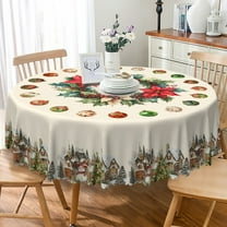 Nanqianyi Christmas Village 60'' Round Tablecloth, Winter Snowman Wreath Decor for Holiday Dinner Party Decor