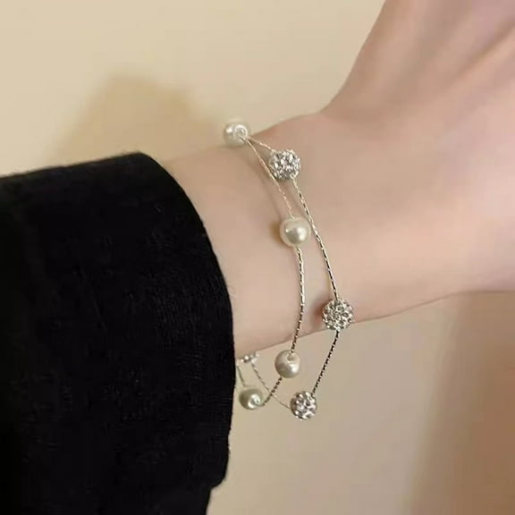 Glamorous Double - Layered Pearl Bracelet with - Set Zircon