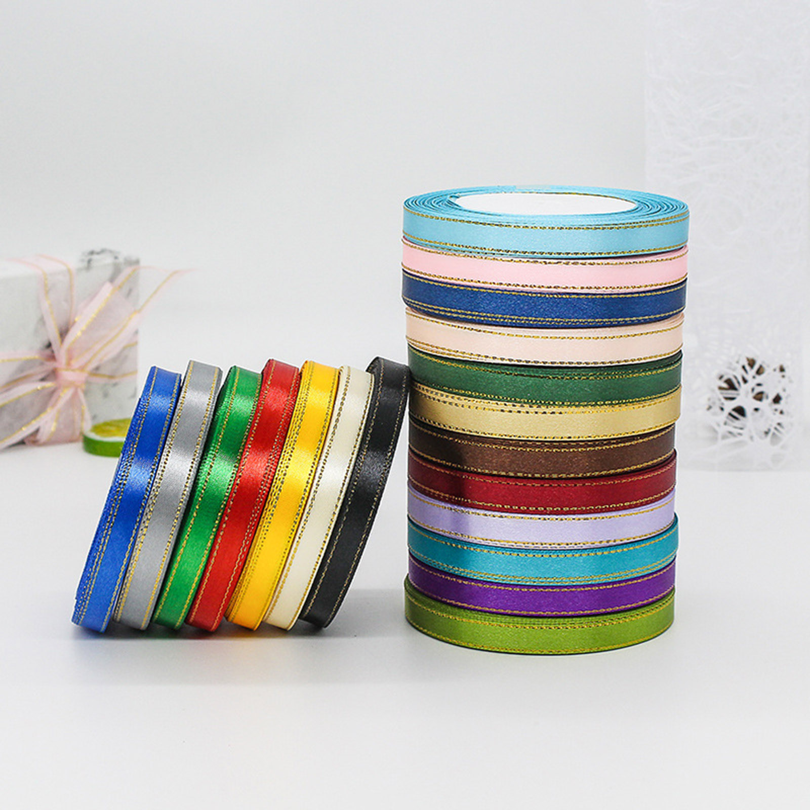 YWIYIUD 9PCS 25 Yard Exquisite Satin Ribbon Roll Satin Ribbon with Gold Edges Border Fabric Ribbon for Gift Wrapping Wedding Bouquet,Handmade Crafts Party Decoration