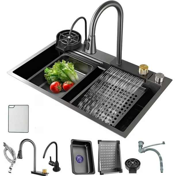 Fregadero De Cocina, Chido Fregadero de Cascada con 2 Pack Grifos, Moderno Tarjas Para Cocina lluvia Volador, Volante Fregadero Doméstico para Cocina, Bar, Comedor, Exterior (80 * 45cm)