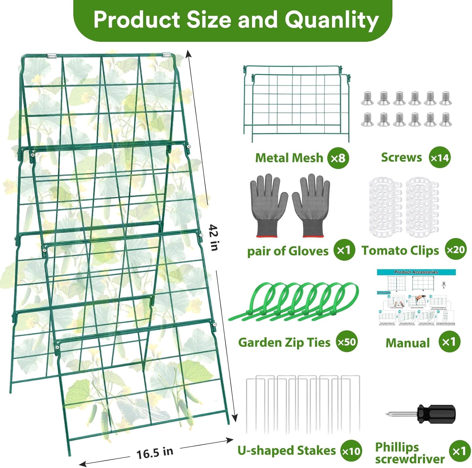 17 x 42 Inch Garden Trellis for Raised Beds Foldable Climbing Plant Support Cucumber Trellis Outdoor A-Frame Metal Vegetable Trellis with Garden Supplies for Grape Tomato Peas Flower