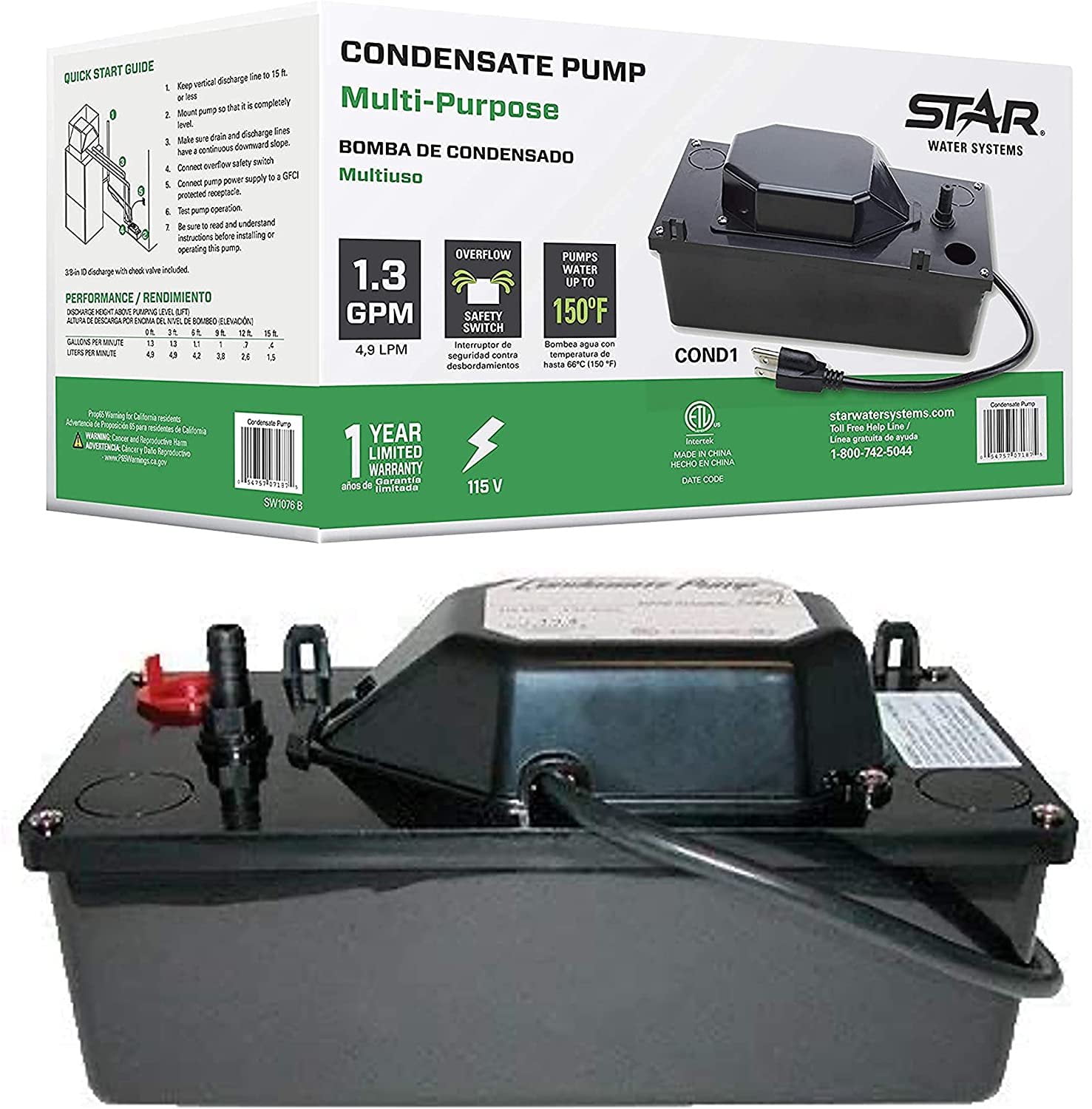 Star COND1 1/6 HP Automatic Condensate Removal Pump with Safety Switch