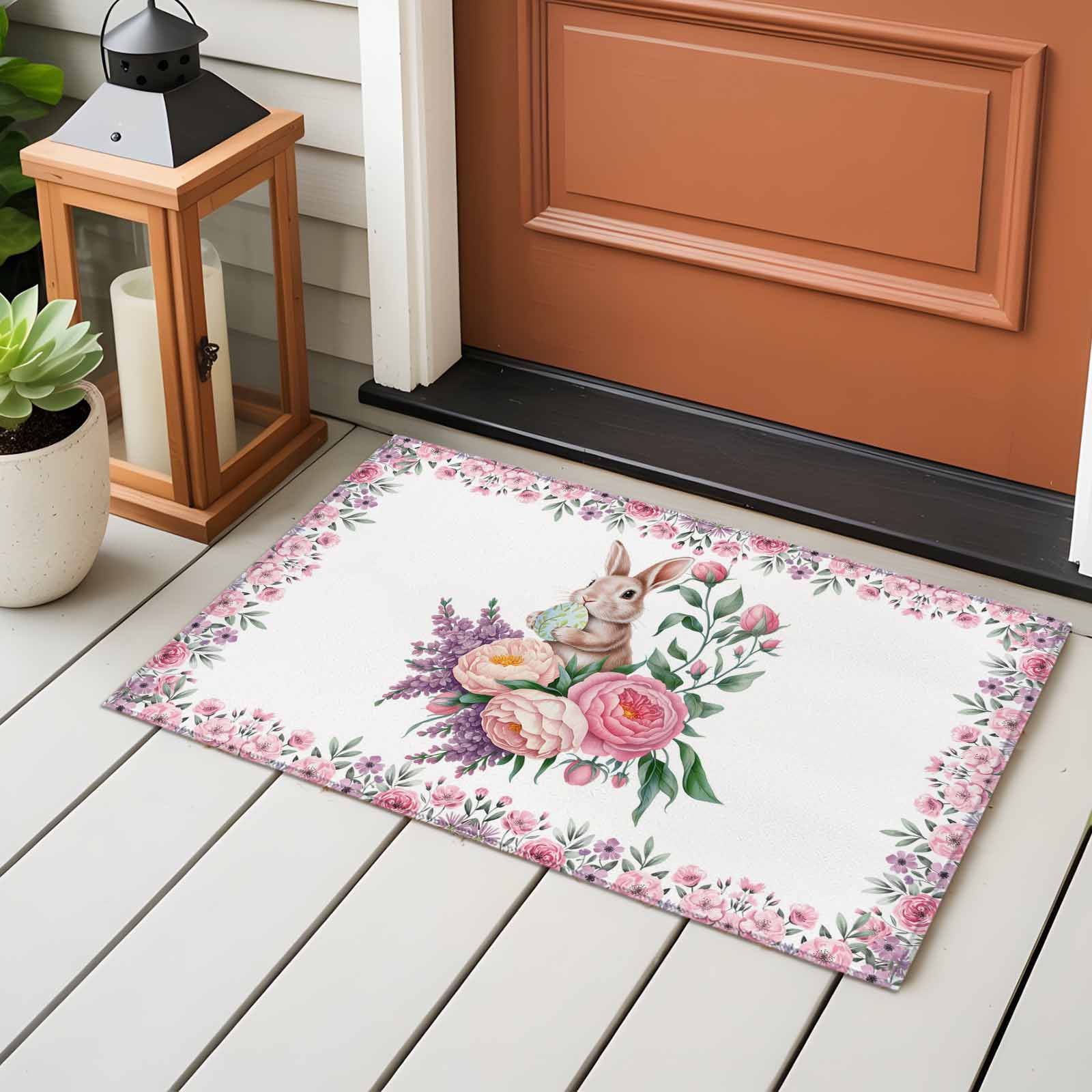Easter Bunny Roses Entryway Rug 2'x3'&nbsp; Non Slip Front Door Mats, Pink Floral Spring Botanical Entrance Rugs Indoor Outdoor Carpet, Washable Floor Mats Small Area Rug for Bedroom Kitchen