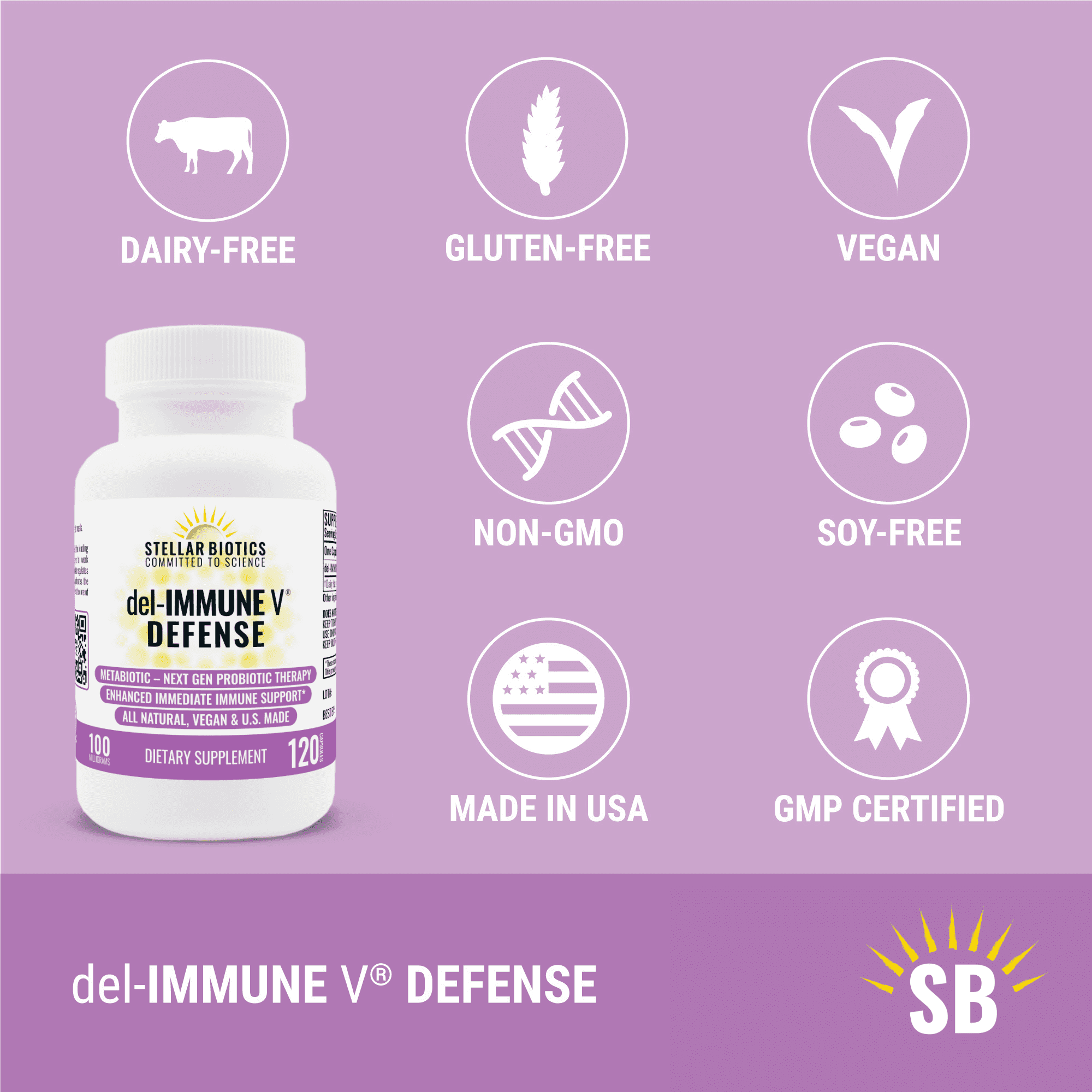 Stellar Biotics - del-IMMUNE V� DEFENSE 100mg - All-Natural Advanced Immune Support (+) - Immediate High Potency Immune System Care - Metabiotic Treatment, Next-Gen Probiotic Therapy (120 Capsules)
