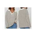 thumbnail image 2 of Rdhnmea Women Long Sleeve T-Shirts Stripe Turn-Down Collar V-Neck Shirts, 2 of 7