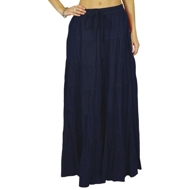 Phagun Women's Summer Cotton Navy Blue Skirt Ethnic Design Drawstring Waist - 6