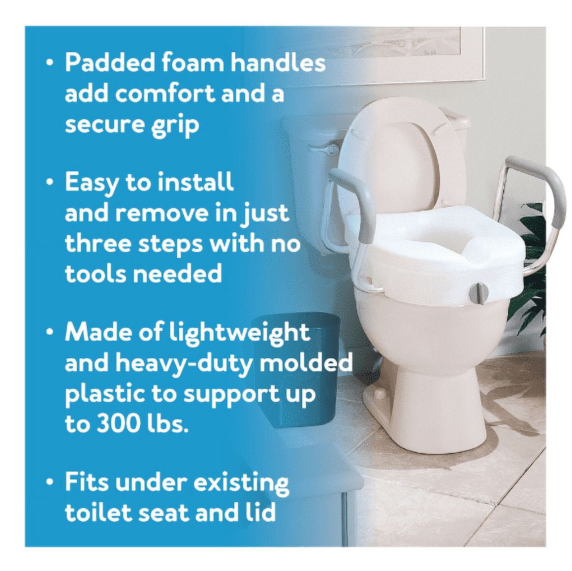 Carex EZ Lock Raised Toilet Seat with Handles, Adjustable Removable Arms, Adds 5", 300 lb Capacity