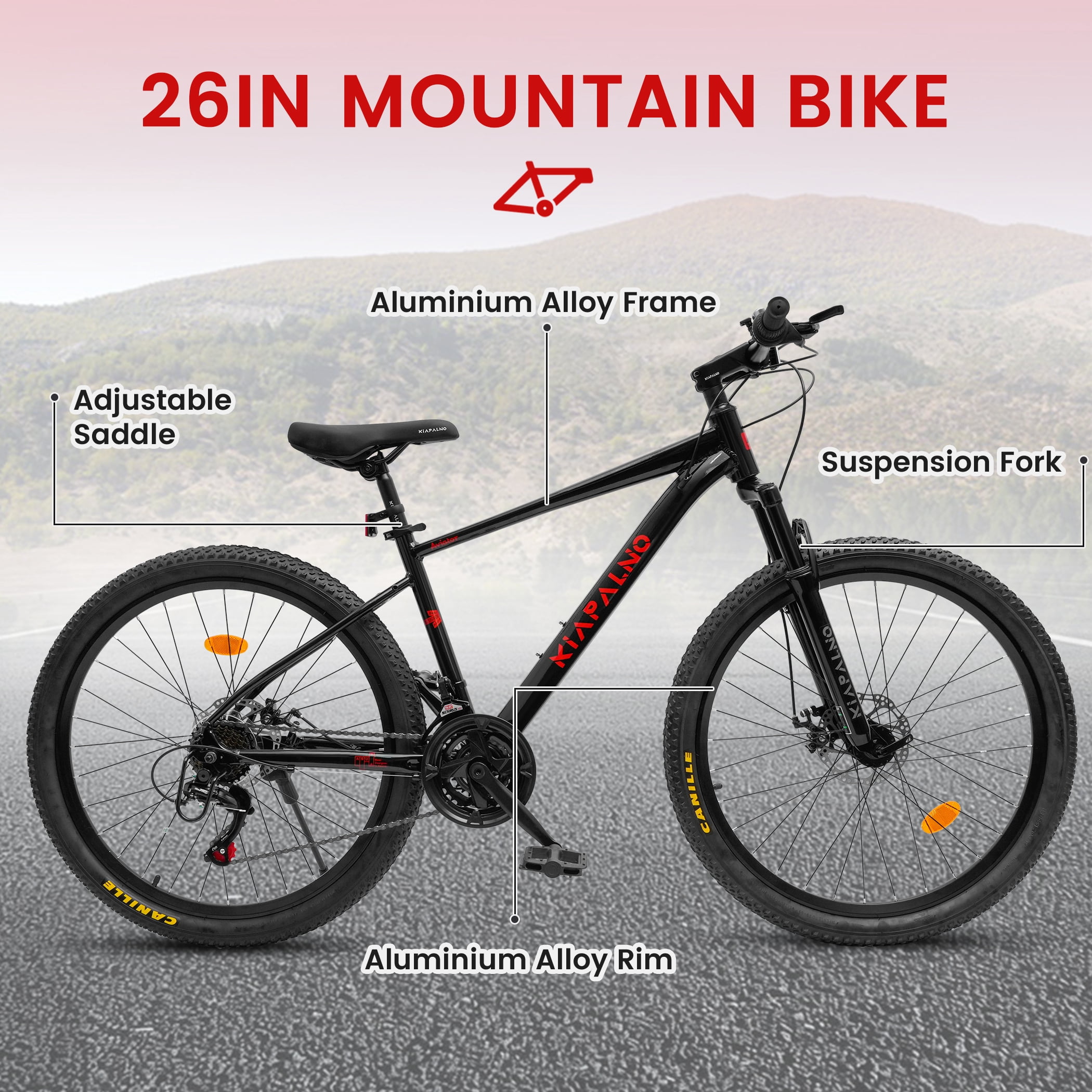 26 Inch Mountain Bike, 21 Speed Mountain Bicycle with Aluminium Alloy Frame, Dual Disc Brakes and Front Suspension, Men Commuting City Bike for Teenagers Adult, Quick Release Front Wheel, Black
