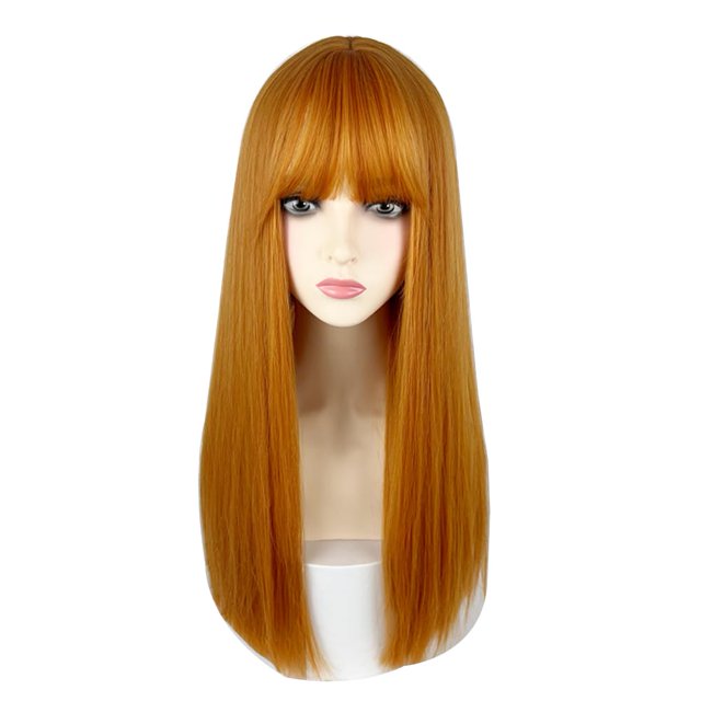 URCGTSA Peluca de pelo largo de 22 pulgadas para mujer, pelo sintético negro, peluca recta larga natural con flequillo, peluca de cosplay para fiesta para niña (naranja)