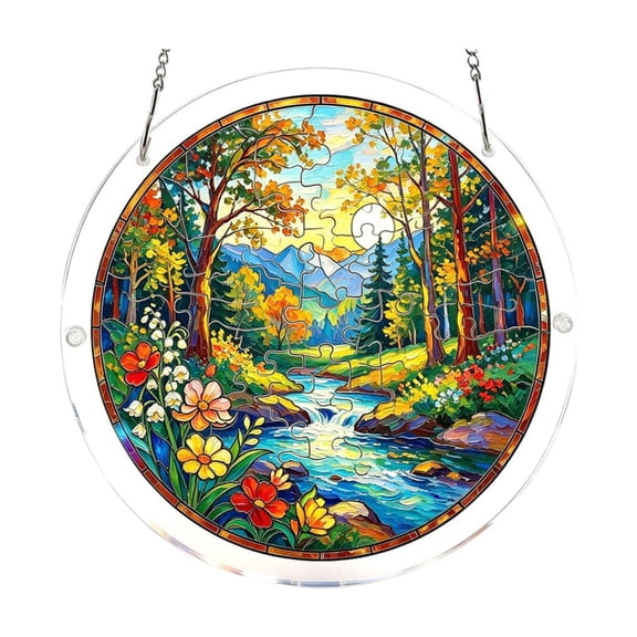 Stained Glass Flower PuzzleS Suncatcher 7.4" Colorful Acrylic Floral Puzzle Window Hanging Decoration for Home Party Indoor Outdoor Decor and DIY Creative Gift