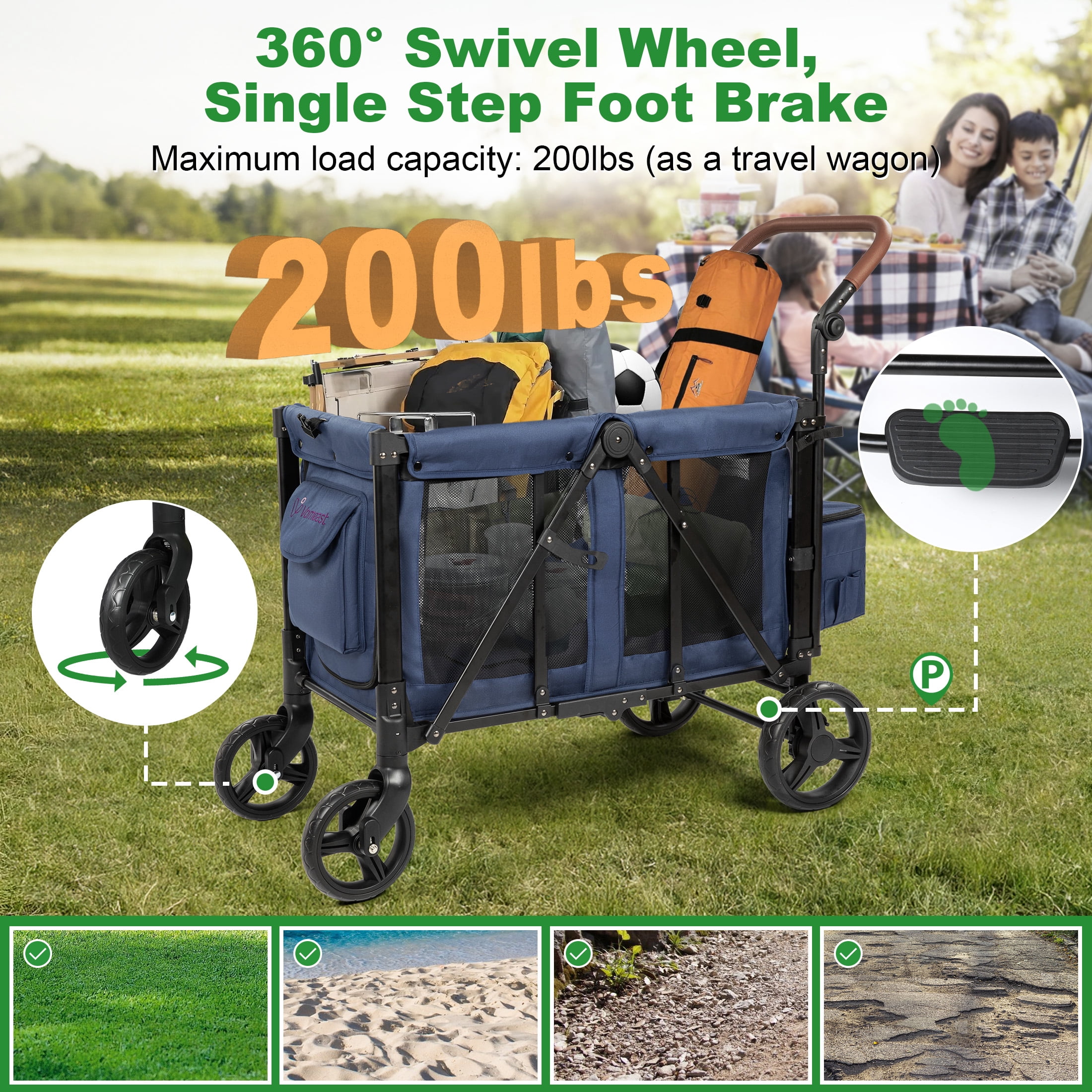 Vomeast Wagon Stroller for 2 Kids, 3-in-1 Outdoor Baby Stroller Wagon with Canopy, 5-Point Harness, Adjustable Handlebars, Removable Seat for Toddlers, Blue