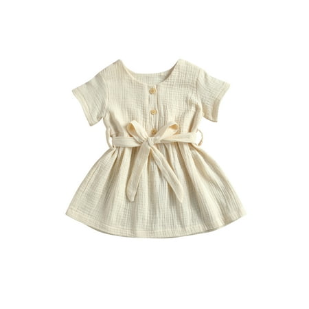 

Suanret Toddler Baby Girl Belt Bow Single Breasted Short Sleeve Button Dress