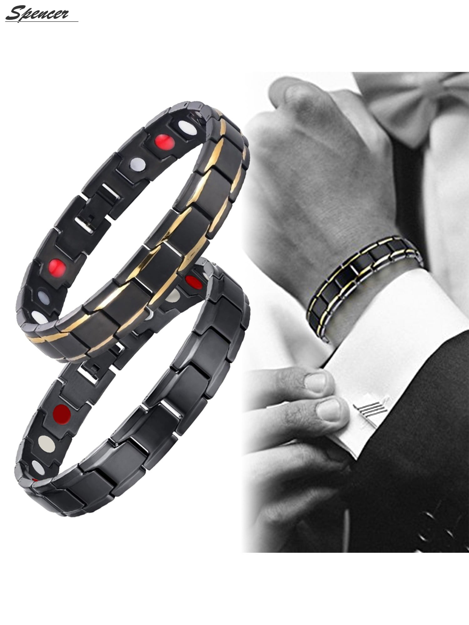 Spencer - Spencer Fashion Titanium Magnetic Therapy Bracelet for Men Women Energy Health Care Bracelet Pain Relief for Arthritis and Carpal Tunnel &quot;Black&amp;Gold&quot;