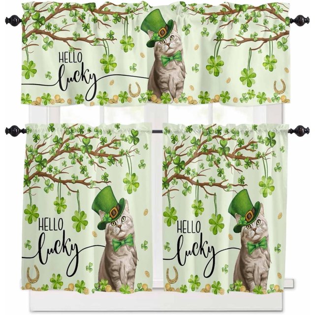 Lucky Cat St. Patrick''s Day Kitchen Curtains and Valances Set, Green Spring Shamrocks Tree Windows Treatments Tiers Half/Short Curtains for Small Windows Cafe/Living Room/Bedroom 54x24 in