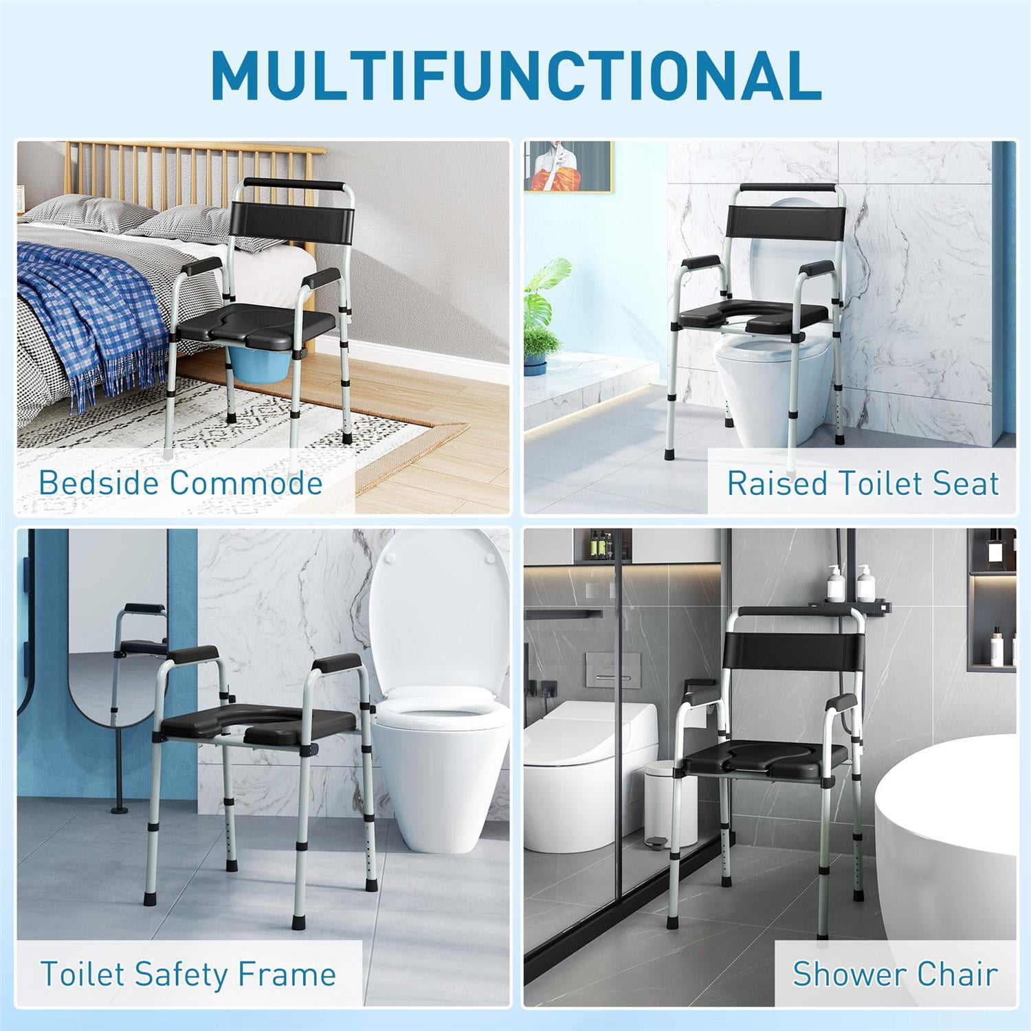 Demi Bonn 38" Adjustable Height Bedside Commode Chair with Arms for Seniors & Disabled Persons, Raised Toilet Seat, 331 lbs Capacity, Black