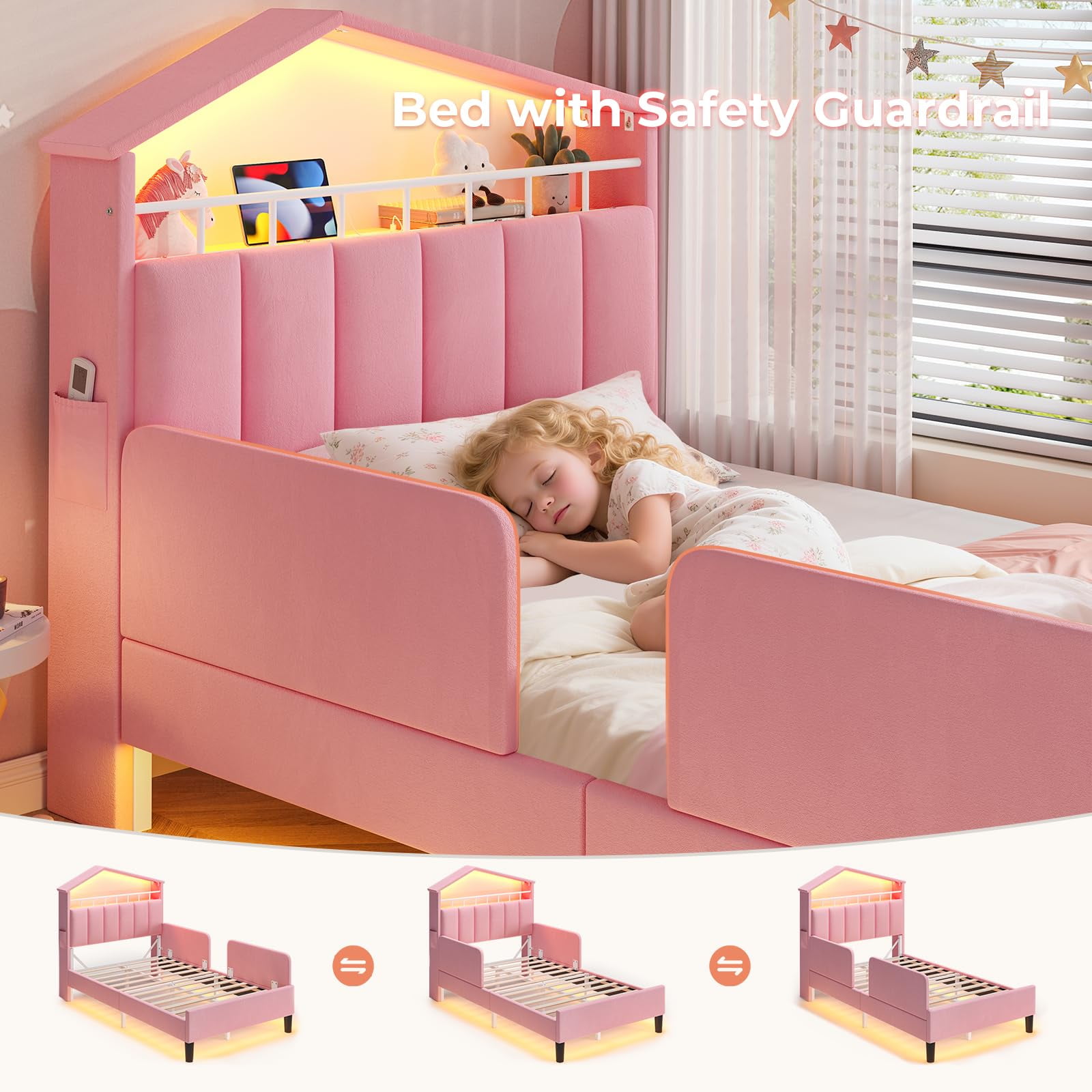 Twin Size Bed Frame with LED Lights,House-Shaped Headboard with Charging Station & Hidden Storage,Velvet Upholstered Platform Bed Twin,Girls Princess Bed with Safety Guardrail,Pink